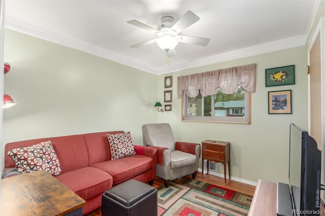 6905 Nelson St, Arvada, CO 80004 - living room featuring a ceiling fan, baseboards, and wood finished floors