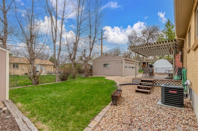 6905 Nelson St, Arvada, CO 80004 - view of yard with central AC unit, an outdoor structure, a pergola, and a deck