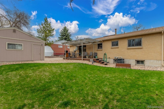 6905 Nelson St, Arvada, CO 80004 - rear view of property with a lawn, a pergola, a patio, and brick siding