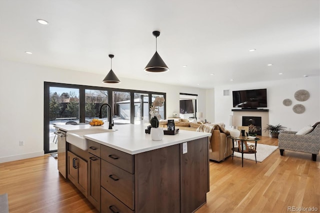 kitchen featuring sink, dishwasher, hanging light fixtures, an island with sink, and light wood-type flooring