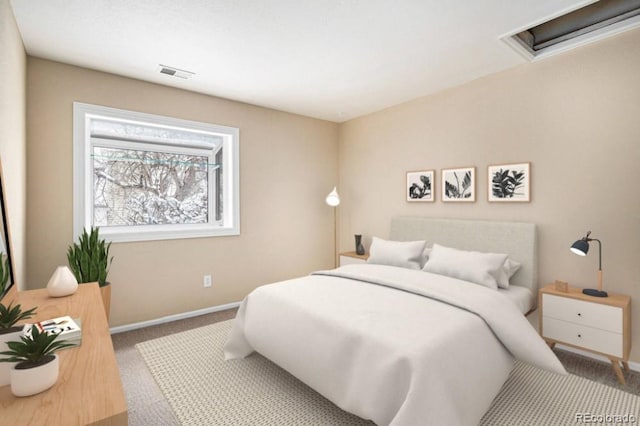 carpeted bedroom with baseboards, visible vents, and attic access