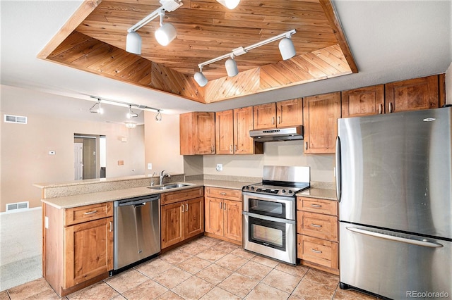 kitchen featuring a raised ceiling, wooden ceiling, appliances with stainless steel finishes, under cabinet range hood, and a sink