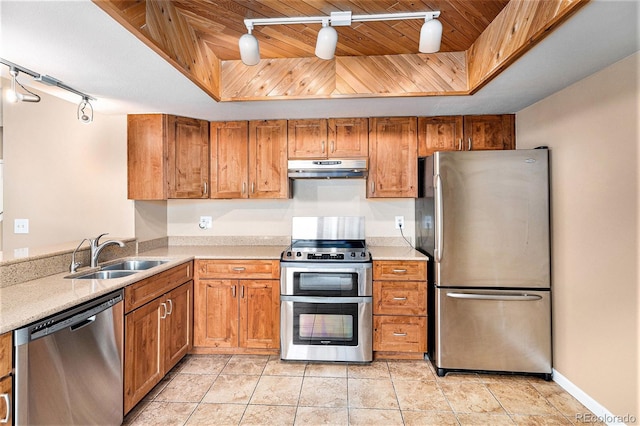 kitchen with under cabinet range hood, appliances with stainless steel finishes, a raised ceiling, and a sink