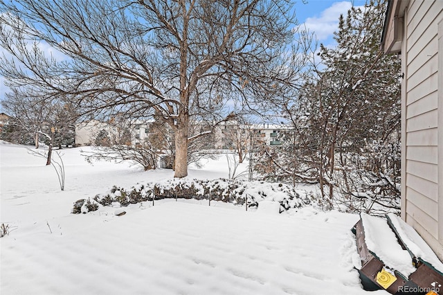 yard layered in snow featuring a garage