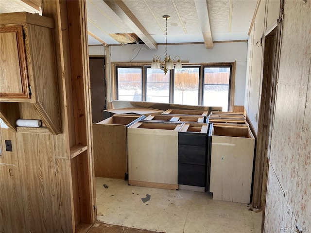 11469 Ruby Mountain Ln, Nathrop, CO 81236 - kitchen featuring beam ceiling, a chandelier, hanging light fixtures, and a textured ceiling