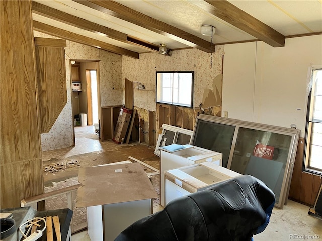 11469 Ruby Mountain Ln, Nathrop, CO 81236 - living area with beamed ceiling and wallpapered walls