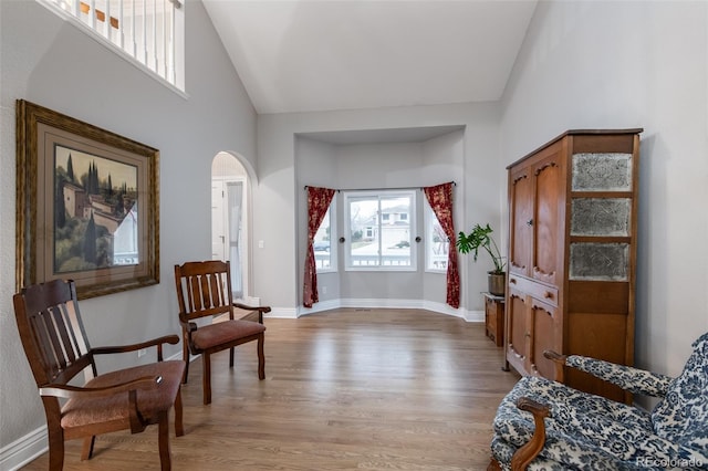 sitting room with high vaulted ceiling and light hardwood / wood-style flooring