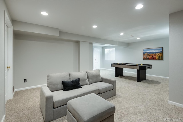 playroom with billiards and light carpet