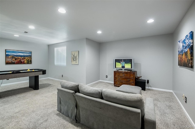 carpeted living room featuring billiards