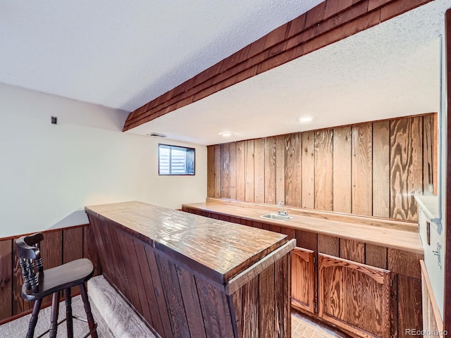 bar featuring a textured ceiling, visible vents, indoor wet bar, and a sink