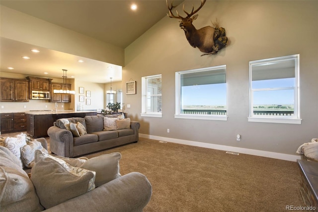 living room with high vaulted ceiling and carpet