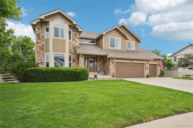 9158 Forest St, Firestone, CO 80504 - view of front of property with stone siding, driveway, a front lawn, and roof with shingles