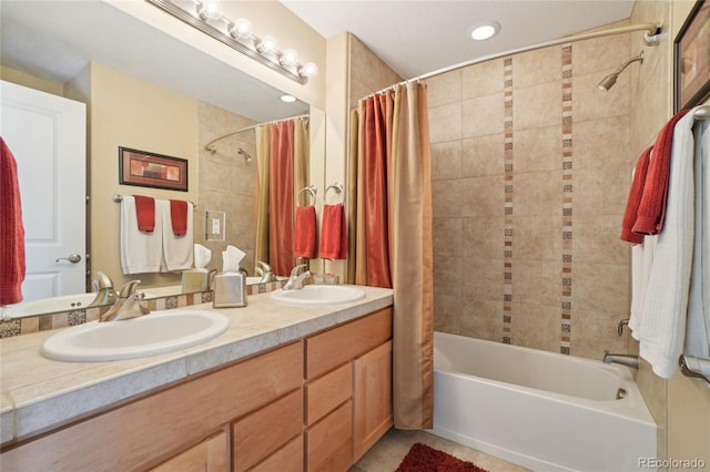 9158 Forest St, Firestone, CO 80504 - bathroom featuring shower / tub combo with curtain, double vanity, tile patterned flooring, and recessed lighting