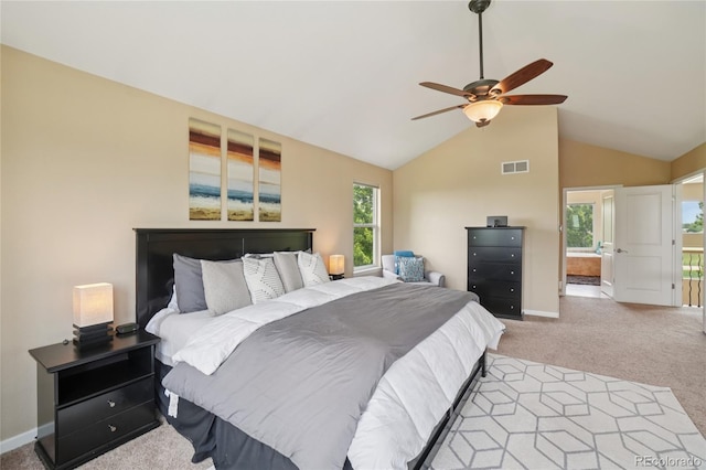 9158 Forest St, Firestone, CO 80504 - carpeted bedroom with baseboards, high vaulted ceiling, ceiling fan, and ensuite bath