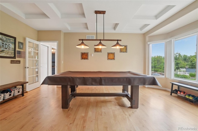 9158 Forest St, Firestone, CO 80504 - playroom with coffered ceiling, billiards table, light wood-type flooring, beam ceiling, and baseboards