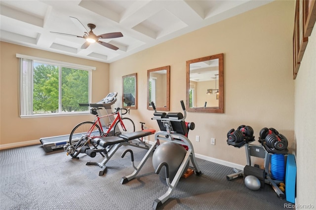 9158 Forest St, Firestone, CO 80504 - exercise area with coffered ceiling, baseboards, and ceiling fan
