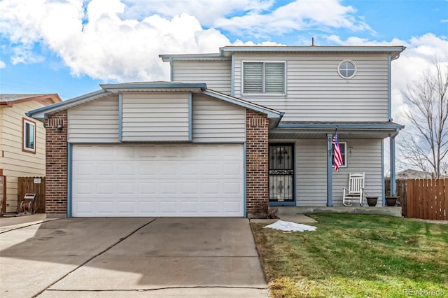 view of property featuring a garage, a front yard, and a porch