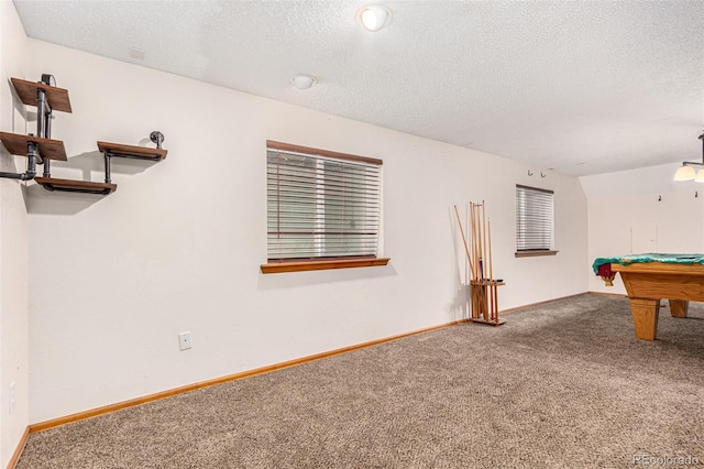 rec room featuring baseboards, a textured ceiling, pool table, and carpet flooring