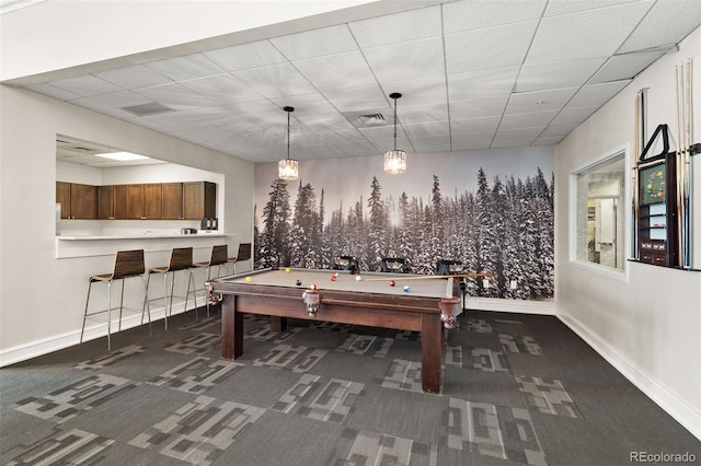 601 W 11th Ave Unit 910, Denver, CO 80204 - game room with a paneled ceiling, dark carpet, billiards table, and baseboards