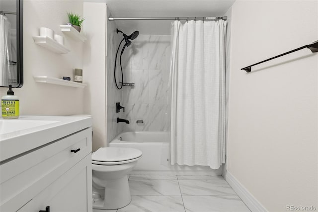 601 W 11th Ave Unit 910, Denver, CO 80204 - full bathroom with toilet, marble look tiles, shower / bath combo with shower curtain, vanity, and baseboards