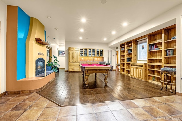 17995 Minglewood Trl, Monument, CO 80132 - game room featuring billiards table, a large fireplace, and recessed lighting