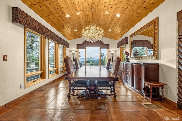17995 Minglewood Trl, Monument, CO 80132 - dining space featuring recessed lighting, a chandelier, lofted ceiling, a textured wall, and wooden ceiling