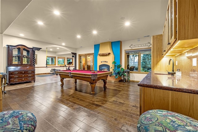 17995 Minglewood Trl, Monument, CO 80132 - playroom featuring billiards table, recessed lighting, dark wood-type flooring, and bar area