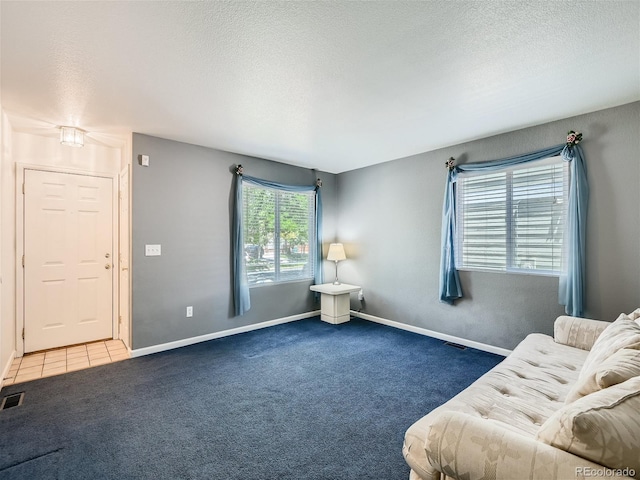 carpeted living room featuring a textured ceiling