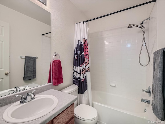 full bathroom with shower / bath combo, toilet, and vanity