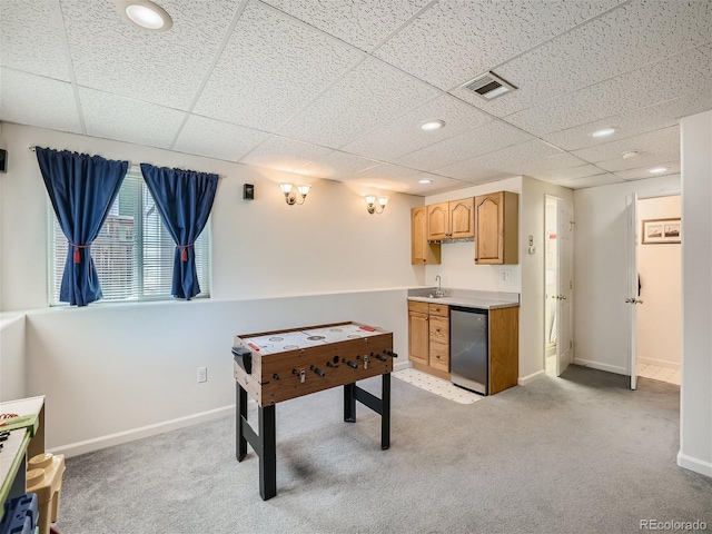 playroom with light colored carpet and wet bar