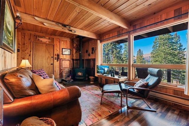 living room featuring beamed ceiling, wooden walls, and a wood stove