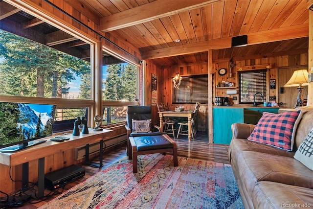 living room with wood-type flooring, wooden walls, and a healthy amount of sunlight