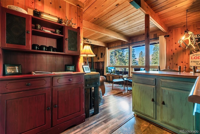 kitchen featuring wooden ceiling, hardwood / wood-style flooring, wood walls, hanging light fixtures, and beam ceiling