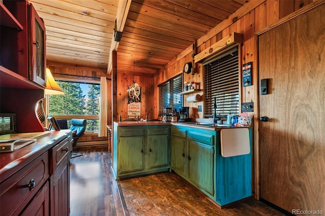 kitchen with decorative light fixtures, wooden walls, sink, and wood ceiling