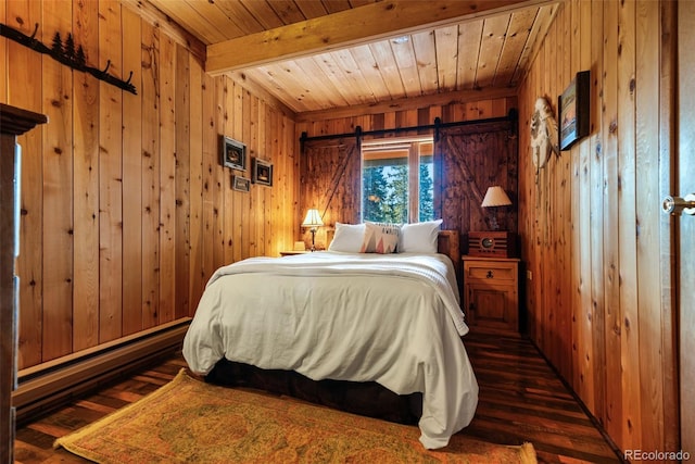 bedroom with beamed ceiling, wooden walls, wood ceiling, and dark hardwood / wood-style floors