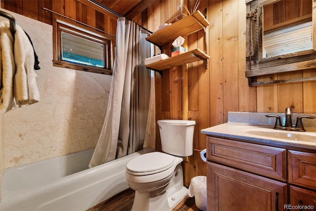 full bathroom featuring wooden ceiling, toilet, vanity, wooden walls, and shower / tub combo with curtain