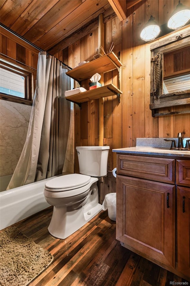 full bathroom with wooden ceiling, hardwood / wood-style floors, toilet, shower / bath combo, and wood walls