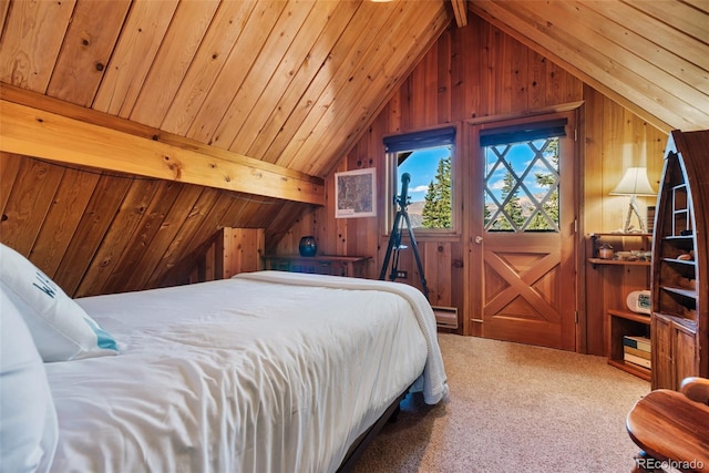 bedroom featuring vaulted ceiling with beams, wooden walls, carpet, and baseboard heating