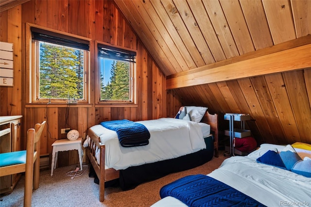 carpeted bedroom with wood ceiling, vaulted ceiling, and wood walls