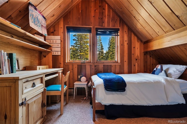 bedroom featuring carpet, wood walls, vaulted ceiling, and wood ceiling