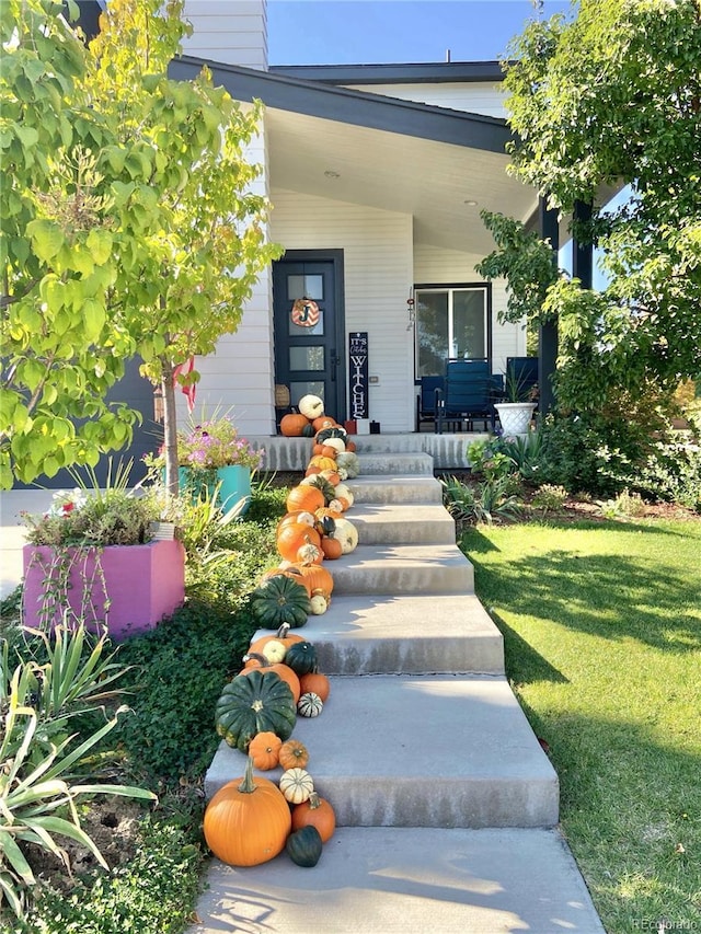 doorway to property featuring a porch and a lawn