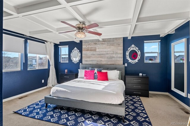 carpeted bedroom featuring coffered ceiling, beam ceiling, ceiling fan, and wood walls