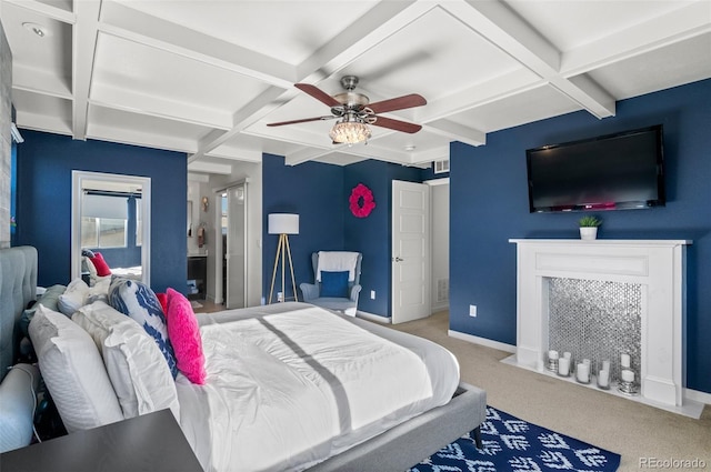 bedroom with coffered ceiling, beam ceiling, light carpet, and ceiling fan