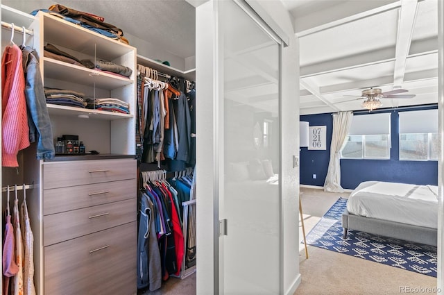 walk in closet with beam ceiling, coffered ceiling, light colored carpet, and ceiling fan