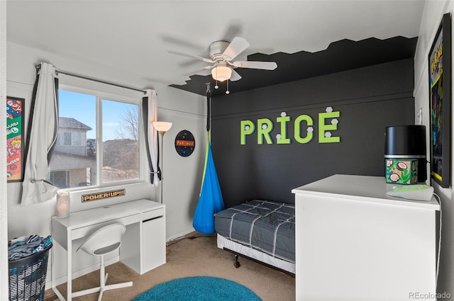 carpeted bedroom featuring ceiling fan