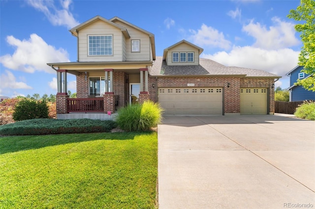 12978 Newport Way, Thornton, CO 80602 - traditional-style house with brick siding, concrete driveway, a front yard, a porch, and a garage