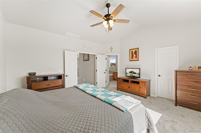 12978 Newport Way, Thornton, CO 80602 - bedroom featuring light colored carpet, lofted ceiling, and a ceiling fan