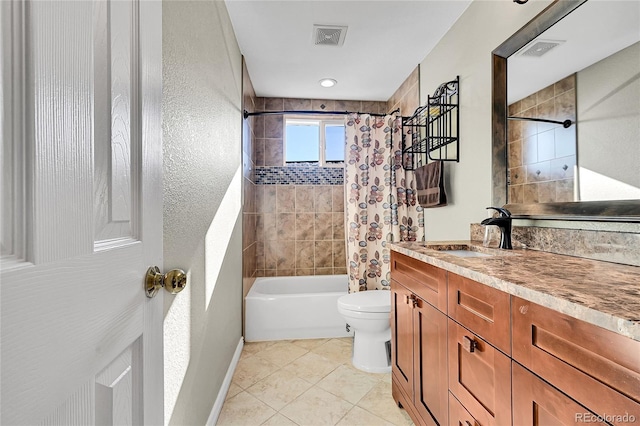 bathroom with toilet, vanity, shower / bath combination with curtain, and visible vents