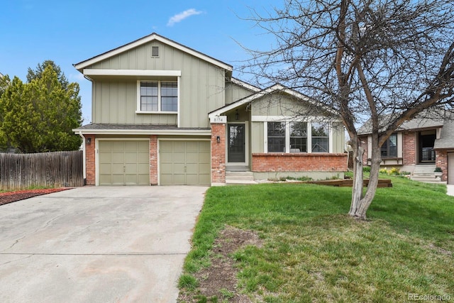 tri-level home with a garage, fence, brick siding, board and batten siding, and concrete driveway