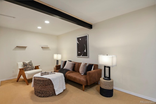 living room with recessed lighting, baseboards, light carpet, and beamed ceiling